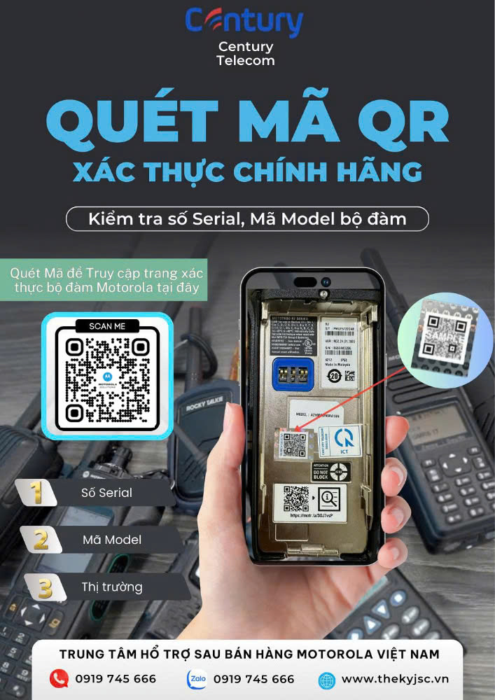 Máy bộ đàm Motorola chính hãng phải được dán tem QR trên thân máy và pin sạc